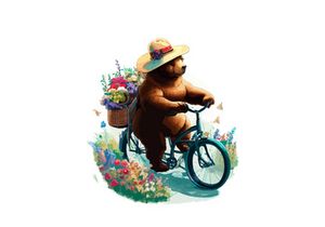 Bear riding a bike in floral countryside road, isolated in white background.