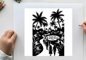 Tropical paradise scene with silhouette of people and palm trees
