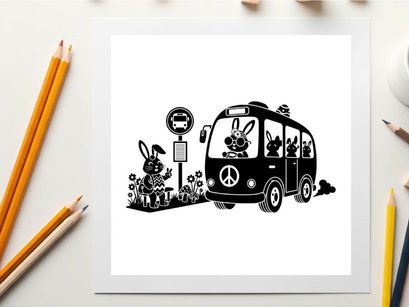 Peaceful silhouette of a psychedelic bus with bunnies on a road trip