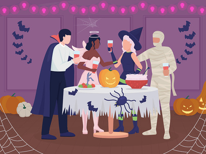 Halloween costume party flat color vector illustration set