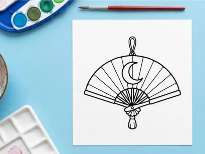 Hand-drawn Halloween paper fan with ghost and moon design. Spooky hand fan illustration for party decorations or crafts.
