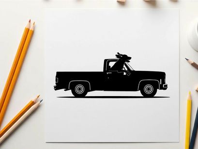 Silhouette of a classic pickup truck with surfboard on a white background