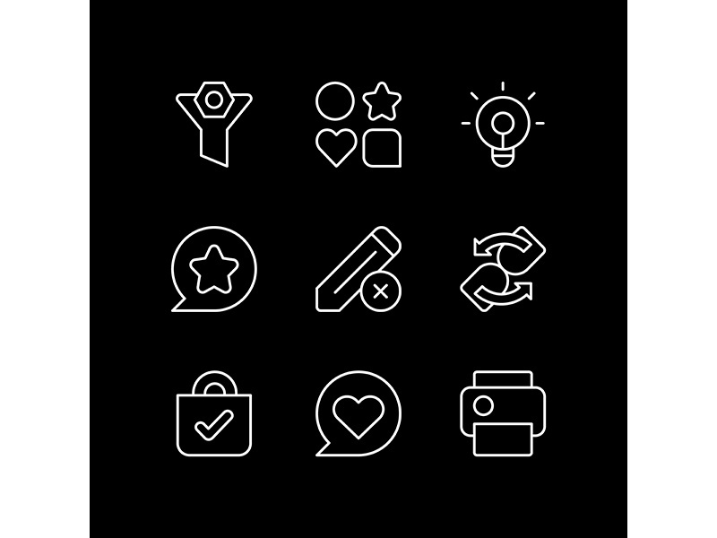 Interface for mobile application white linear icons set for dark theme