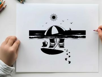 Beach scene with umbrella and chairs in silhouette preview picture