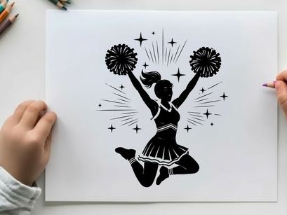 Cheerleader silhouette with pompoms and sparkles