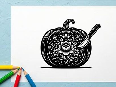 Calabaza decorativa con patrones florales y cuchillo de tallar