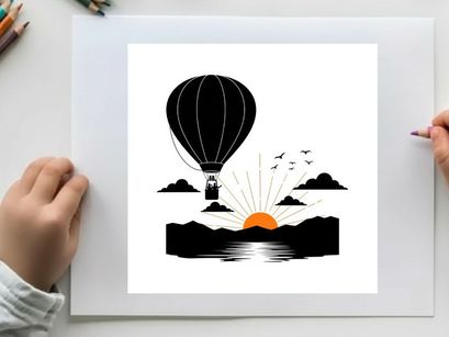 Hot air balloon silhouette at sunrise over serene landscape