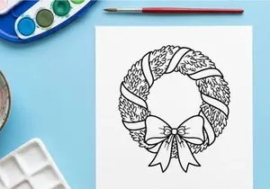 Christmas wreath line art drawing with ribbon bow for holiday coloring page design.