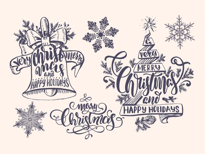 Lettering , typography inside chrismas elements and deer, ball, christmas tree, jingle, new year.