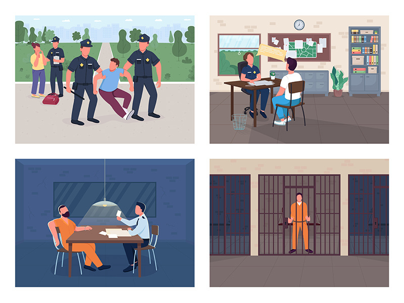 Police investigation flat color vector illustration set