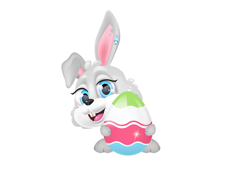 Cute happy bunny holding decorated egg kawaii cartoon vector character