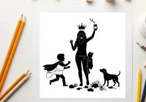 Silhouette of a woman and children playing with a dog outdoors