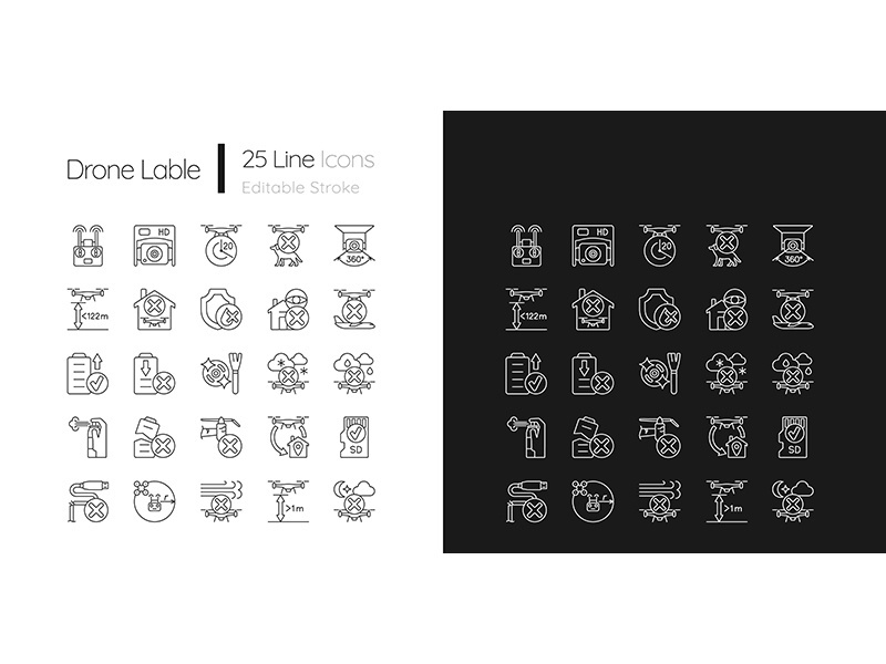 Drone usage linear manual label icons set for dark and light mode