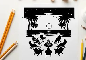 Silhouette of people gathered around campfire on beach at night