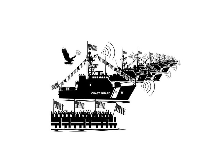 American navy ships silhouette with flags and eagle