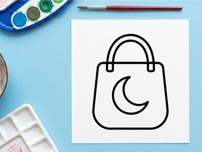 Minimalist crescent moon shopping bag icon. Vector-style night sky themed tote for Halloween or celestial branding.