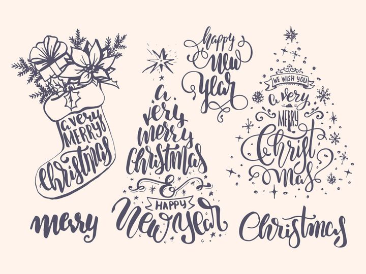 Lettering , typography inside chrismas elements and deer, ball, christmas tree, jingle, new year.