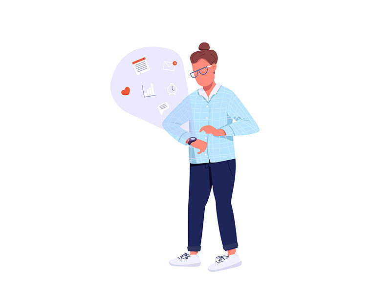 Hipster using smartwatch flat color vector faceless character