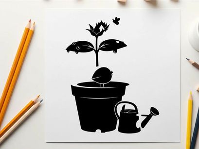 Silhouette of a potted plant with watering can