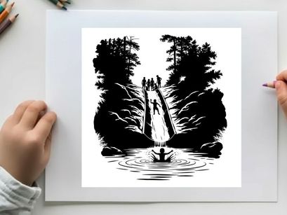 Silhouette of a person in a boat approaching a bridge with people silhouette