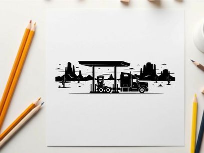 Silhouette of a truck at a gas station with cityscape background silhouette