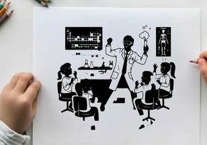 Silhouette of a teacher and students in a science classroom