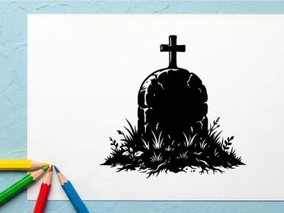 Silhoueta de una cruz sobre una lápida con hierba en blanco y negro