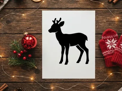 Black silhouette of a young deer with antlers isolated on a clean white background