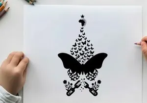 Silhouette of a butterfly with flowers and a star