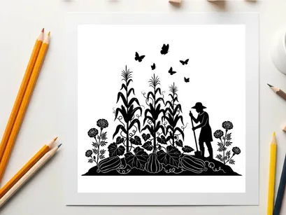 Silhouette of a farmer working in a field with butterflies and flowers