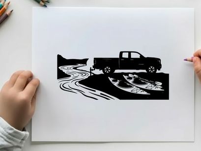 Silhouette of a pickup truck on a winding road in a rural silhouette landscape