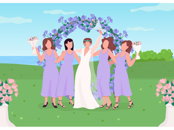 Bride with bridesmaids flat color vector illustration preview picture