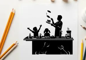 Silhouette of family cooking together in kitchen with pets