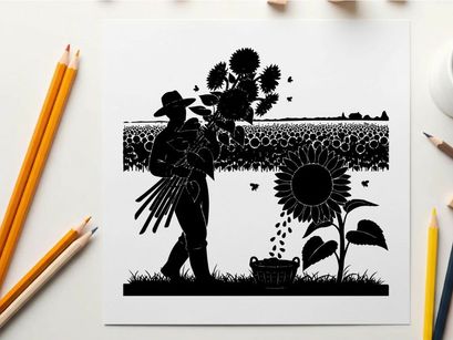 Silhouette of a farmer planting sunflowers in a field at sunset