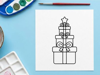 Christmas gift boxes stacked in tree shape with a star topper, black and white line art.
