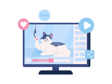 Video with funny cat on computer screen semi flat color vector object preview picture