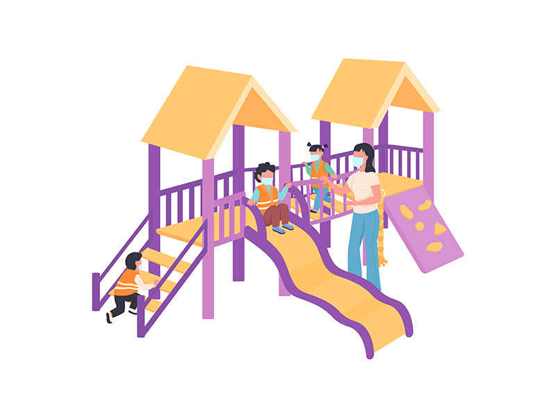 Children and babysitter in medical mask on playground flat color vector faceless characters