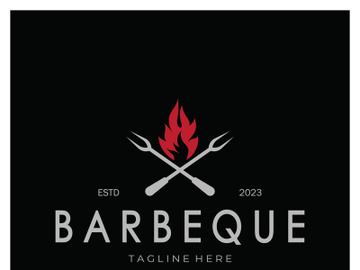 Smoke and BBQ Barbecue Vintage hot grill, with crossed flames and spatula. Logo for restaurant, badge, cafe and bar.vector preview picture