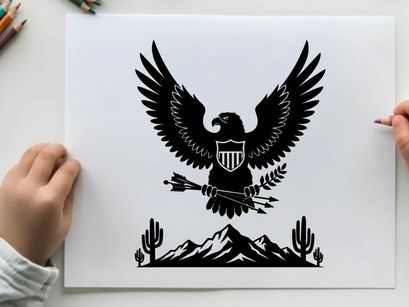 American eagle silhouette with mountains and cacti landscape
