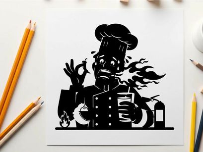 Silhouette of a frustrated chef in a fiery kitchen silhouette