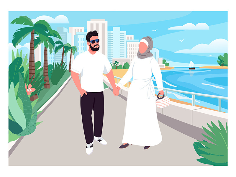 Muslim family vacation flat color vector illustration