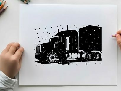 Silhouette of a semi truck driving in the snow