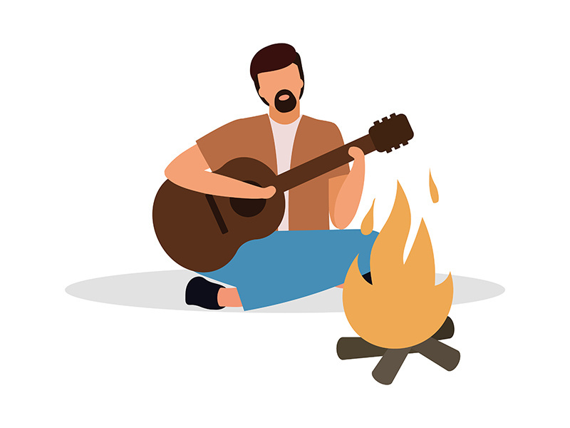 Bearded man playing guitar at campfire semi flat color vector character
