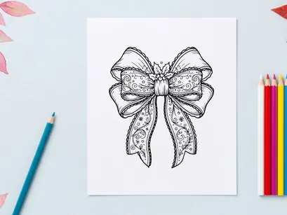 Christmas bow line art illustration with holly berries and festive star patterns