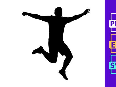 A person jumping in the air with arms outstretched in a celebratory pose silhouette
