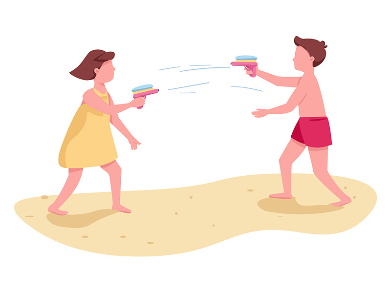 Children fighting with water guns flat color vector faceless characters