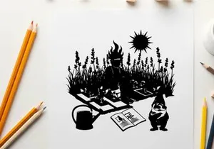Silhouette of a person in a garden with gnome