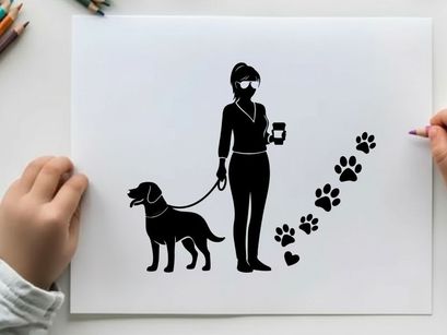 Silhouette of woman walking dog with coffee cup