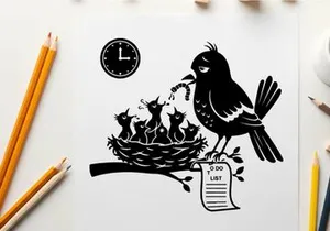 Silhouette of bird feeding nest with kittens and clock