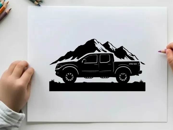 Silhouette of a pickup truck in front of mountains